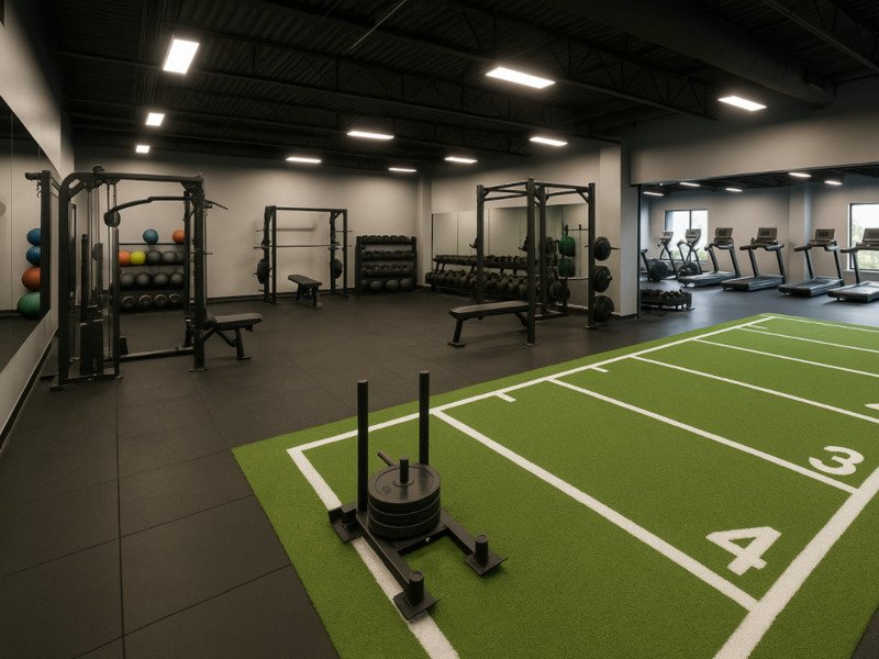 План тренажерного зала с интегрированным расположением санной дорожки, функциональной зоны на газоне и зоны для подъема на черной резине.